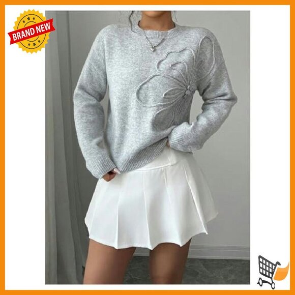 3D Floral Applique Knit Sweater Long Sleeve Drop Shoulder Pullover - Picture 4 of 6